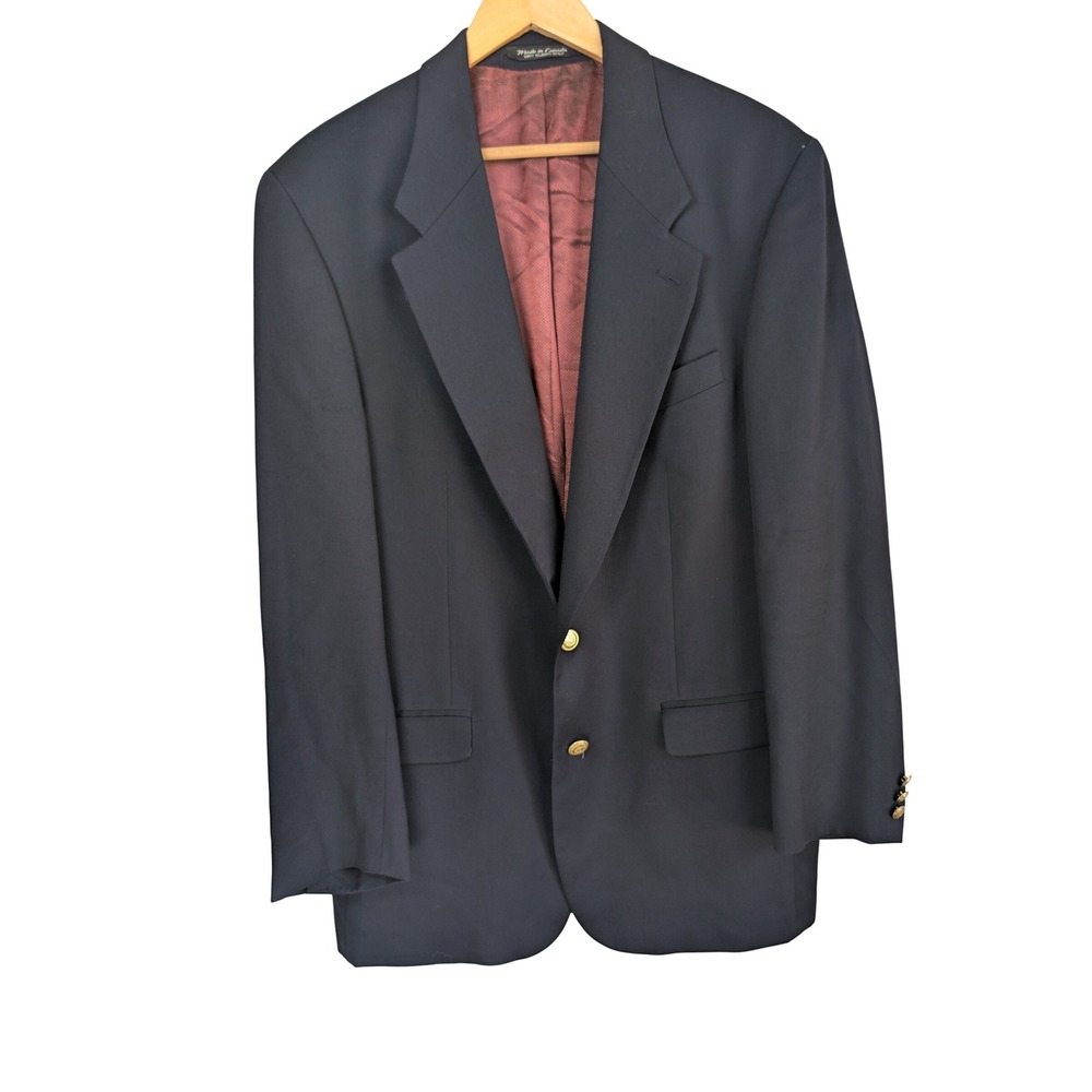 Harry Rosen Mens Navy Blue Wool Blazer Gold Crest Buttons Made in Canada 42T